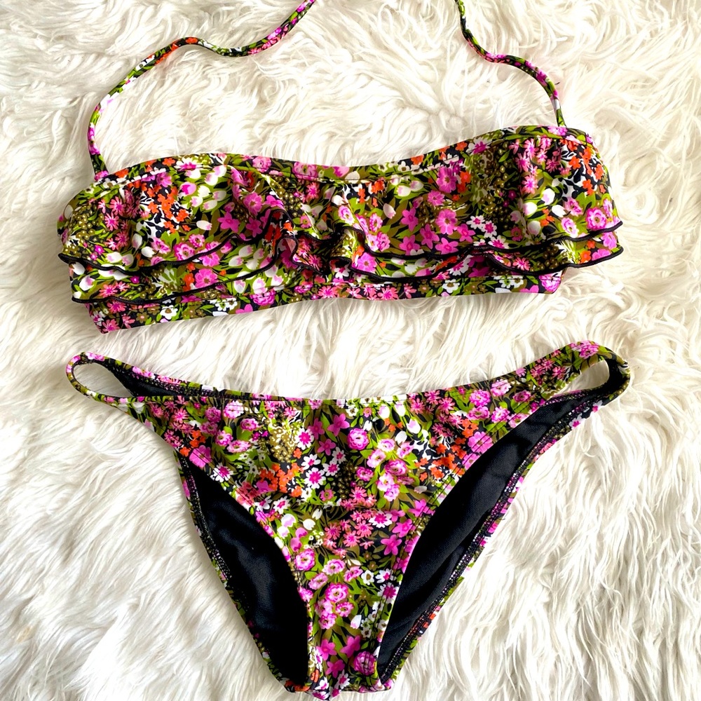 Rampage Floral Neon Wildflower Ruffle Strapless Bikini - Medium